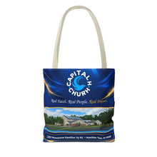 Load image into Gallery viewer, Capital H Church Tote Bag – 'Real Faith. Real People. Real Impact.' All-Over Print