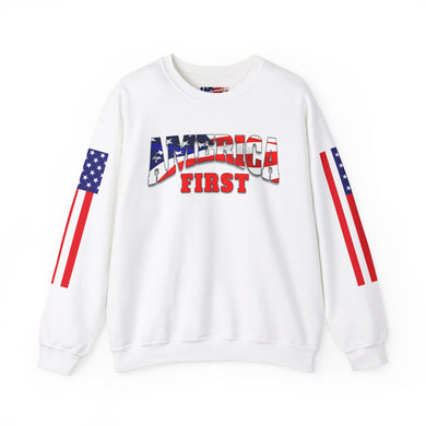 America First Crewneck Sweatshirt - Patriotic Design with American Flags
