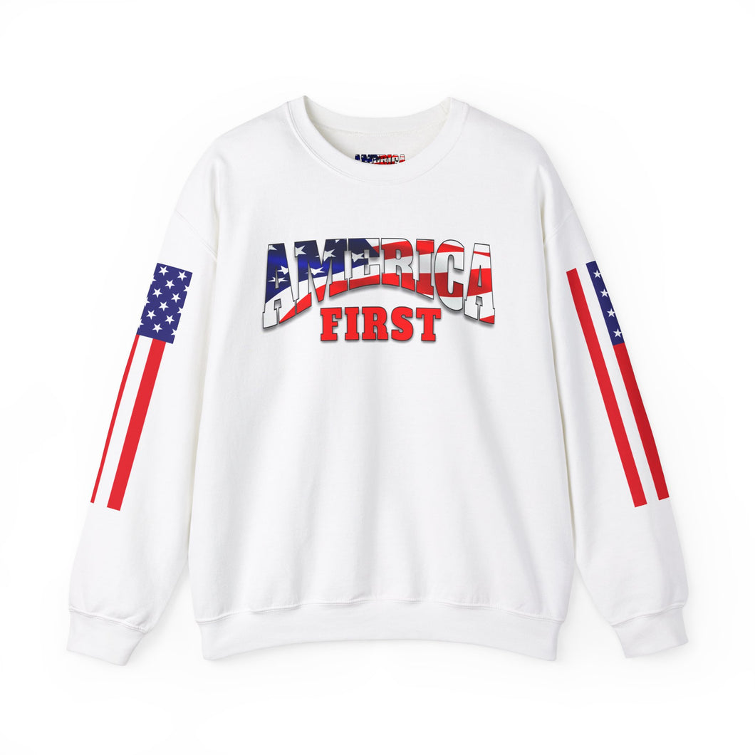 America First Crewneck Sweatshirt - Patriotic Design with American Flags