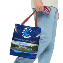 Load image into Gallery viewer, Capital H Church Tote Bag – 'Real Faith. Real People. Real Impact.' All-Over Print