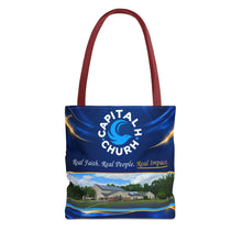 Load image into Gallery viewer, Capital H Church Tote Bag – 'Real Faith. Real People. Real Impact.' All-Over Print