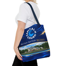 Load image into Gallery viewer, Capital H Church Tote Bag – 'Real Faith. Real People. Real Impact.' All-Over Print