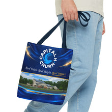 Load image into Gallery viewer, Capital H Church Tote Bag – 'Real Faith. Real People. Real Impact.' All-Over Print