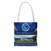 Load image into Gallery viewer, Capital H Church Tote Bag – 'Real Faith. Real People. Real Impact.' All-Over Print