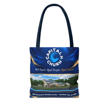 Load image into Gallery viewer, Capital H Church Tote Bag – 'Real Faith. Real People. Real Impact.' All-Over Print