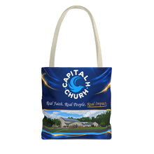 Load image into Gallery viewer, Capital H Church Tote Bag – 'Real Faith. Real People. Real Impact.' All-Over Print