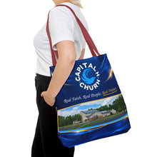 Load image into Gallery viewer, Capital H Church Tote Bag – 'Real Faith. Real People. Real Impact.' All-Over Print