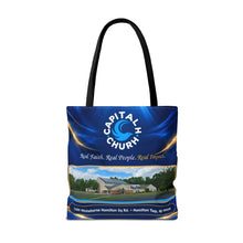 Load image into Gallery viewer, Capital H Church Tote Bag – 'Real Faith. Real People. Real Impact.' All-Over Print
