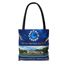 Load image into Gallery viewer, Capital H Church Tote Bag – 'Real Faith. Real People. Real Impact.' All-Over Print