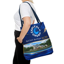 Load image into Gallery viewer, Capital H Church Tote Bag – 'Real Faith. Real People. Real Impact.' All-Over Print