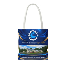 Load image into Gallery viewer, Capital H Church Tote Bag – 'Real Faith. Real People. Real Impact.' All-Over Print