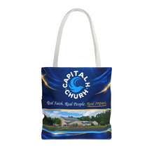 Load image into Gallery viewer, Capital H Church Tote Bag – 'Real Faith. Real People. Real Impact.' All-Over Print