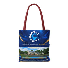 Load image into Gallery viewer, Capital H Church Tote Bag – 'Real Faith. Real People. Real Impact.' All-Over Print
