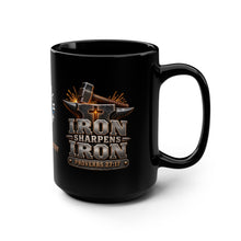 Load image into Gallery viewer, Men’s Ministry Coffee Mug — "Iron Sharpens Iron" Black 15oz Church Mug