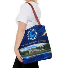 Load image into Gallery viewer, Capital H Church Tote Bag – 'Real Faith. Real People. Real Impact.' All-Over Print