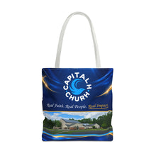 Load image into Gallery viewer, Capital H Church Tote Bag – 'Real Faith. Real People. Real Impact.' All-Over Print