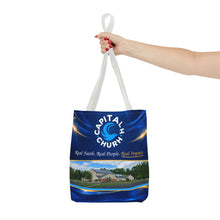 Load image into Gallery viewer, Capital H Church Tote Bag – 'Real Faith. Real People. Real Impact.' All-Over Print