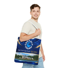 Load image into Gallery viewer, Capital H Church Tote Bag – 'Real Faith. Real People. Real Impact.' All-Over Print