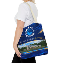 Load image into Gallery viewer, Capital H Church Tote Bag – 'Real Faith. Real People. Real Impact.' All-Over Print