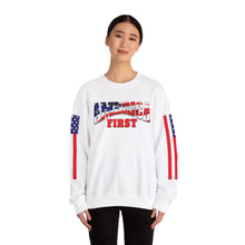 Load image into Gallery viewer, America First Crewneck Sweatshirt - Patriotic Design with American Flags