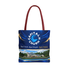 Load image into Gallery viewer, Capital H Church Tote Bag – 'Real Faith. Real People. Real Impact.' All-Over Print