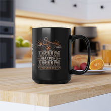Load image into Gallery viewer, Men’s Ministry Coffee Mug — "Iron Sharpens Iron" Black 15oz Church Mug