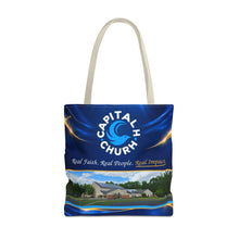 Load image into Gallery viewer, Capital H Church Tote Bag – 'Real Faith. Real People. Real Impact.' All-Over Print