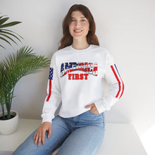 Load image into Gallery viewer, America First Crewneck Sweatshirt - Patriotic Design with American Flags