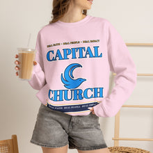 Load image into Gallery viewer, Capital Church Crewneck Sweatshirt — Blue Dove Logo Christian Ministry Pullover