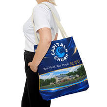 Load image into Gallery viewer, Capital H Church Tote Bag – 'Real Faith. Real People. Real Impact.' All-Over Print