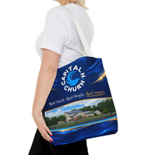 Load image into Gallery viewer, Capital H Church Tote Bag – 'Real Faith. Real People. Real Impact.' All-Over Print