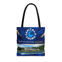 Load image into Gallery viewer, Capital H Church Tote Bag – 'Real Faith. Real People. Real Impact.' All-Over Print