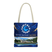 Load image into Gallery viewer, Capital H Church Tote Bag – 'Real Faith. Real People. Real Impact.' All-Over Print