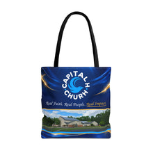 Load image into Gallery viewer, Capital H Church Tote Bag – 'Real Faith. Real People. Real Impact.' All-Over Print