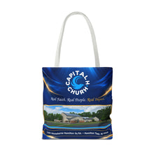 Load image into Gallery viewer, Capital H Church Tote Bag – 'Real Faith. Real People. Real Impact.' All-Over Print
