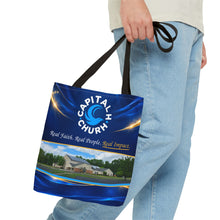 Load image into Gallery viewer, Capital H Church Tote Bag – 'Real Faith. Real People. Real Impact.' All-Over Print