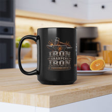 Load image into Gallery viewer, Men’s Ministry Coffee Mug — "Iron Sharpens Iron" Black 15oz Church Mug