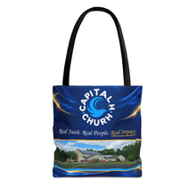 Load image into Gallery viewer, Capital H Church Tote Bag – 'Real Faith. Real People. Real Impact.' All-Over Print