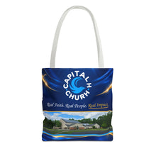 Load image into Gallery viewer, Capital H Church Tote Bag – 'Real Faith. Real People. Real Impact.' All-Over Print