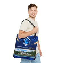 Load image into Gallery viewer, Capital H Church Tote Bag – 'Real Faith. Real People. Real Impact.' All-Over Print