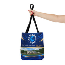 Load image into Gallery viewer, Capital H Church Tote Bag – 'Real Faith. Real People. Real Impact.' All-Over Print