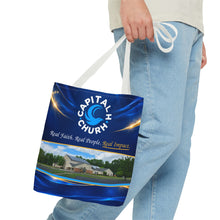 Load image into Gallery viewer, Capital H Church Tote Bag – 'Real Faith. Real People. Real Impact.' All-Over Print