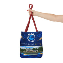 Load image into Gallery viewer, Capital H Church Tote Bag – 'Real Faith. Real People. Real Impact.' All-Over Print