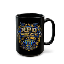 Load image into Gallery viewer, Robbinsville Police Department Badge Black Mug – RPD Shield Coffee Cup (15oz)