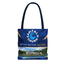 Load image into Gallery viewer, Capital H Church Tote Bag – 'Real Faith. Real People. Real Impact.' All-Over Print