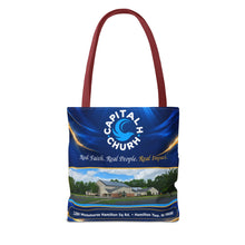 Load image into Gallery viewer, Capital H Church Tote Bag – 'Real Faith. Real People. Real Impact.' All-Over Print