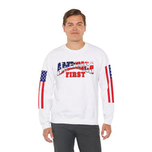Load image into Gallery viewer, America First Crewneck Sweatshirt - Patriotic Design with American Flags
