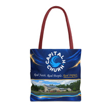 Load image into Gallery viewer, Capital H Church Tote Bag – 'Real Faith. Real People. Real Impact.' All-Over Print